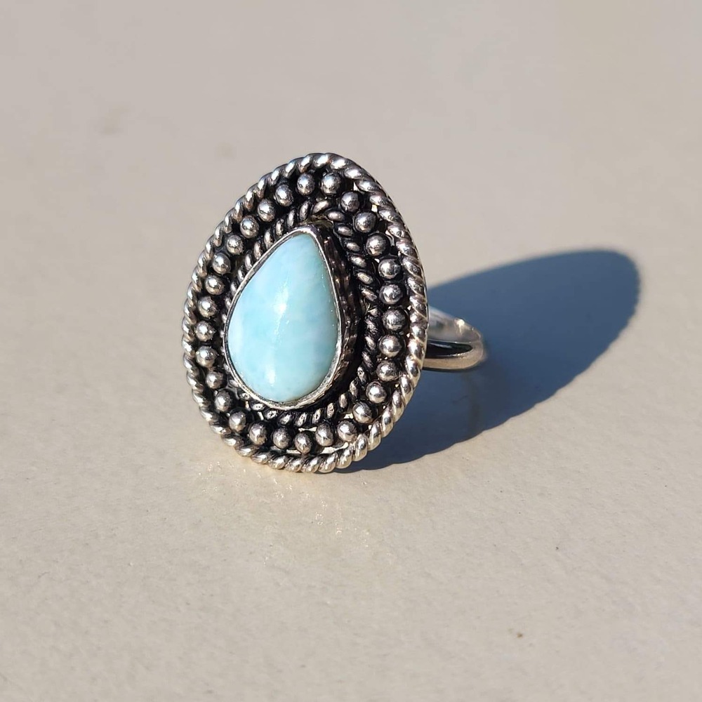 Vintage Silver Turquoise Ring Size 4.75 Blue Teardrop Beaded Border